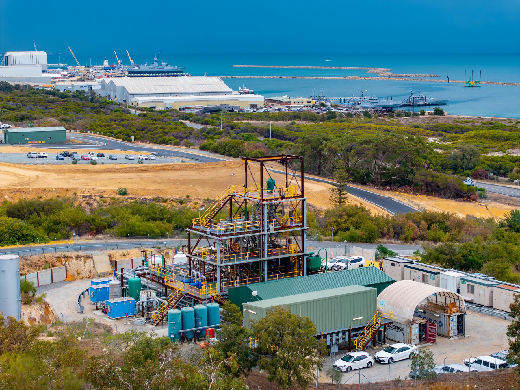 Aerial view of a hydrogen pilot plant on coastal Western Australia