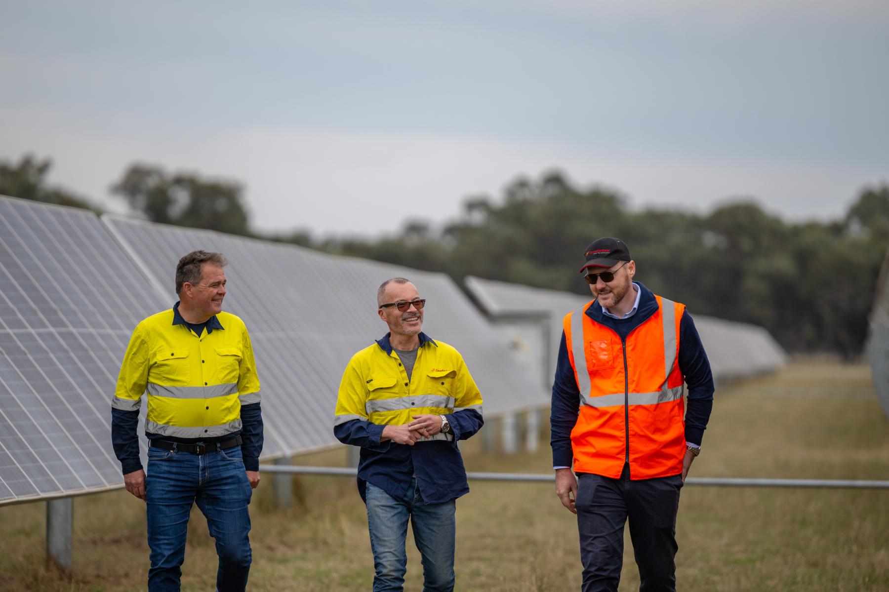 Three men in high vis walking through a solar farm