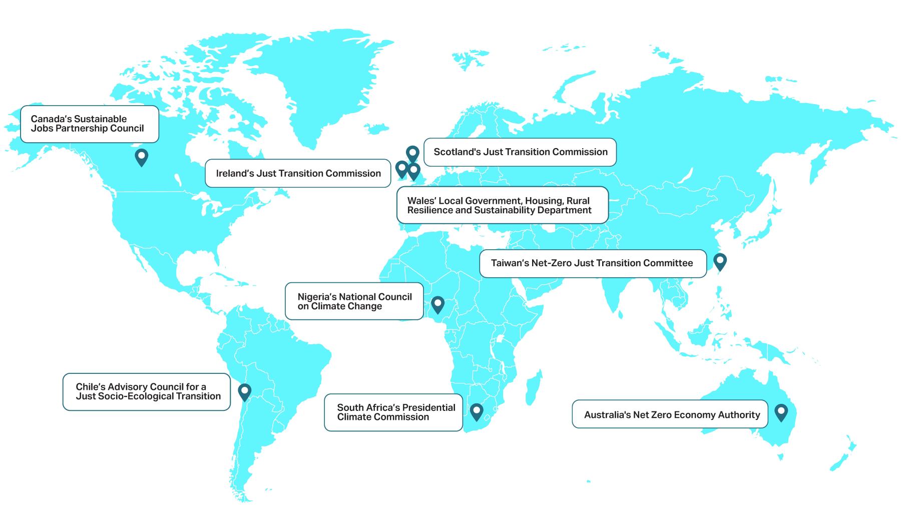 A map of the world highlighting the members of the International Just Transition Network 