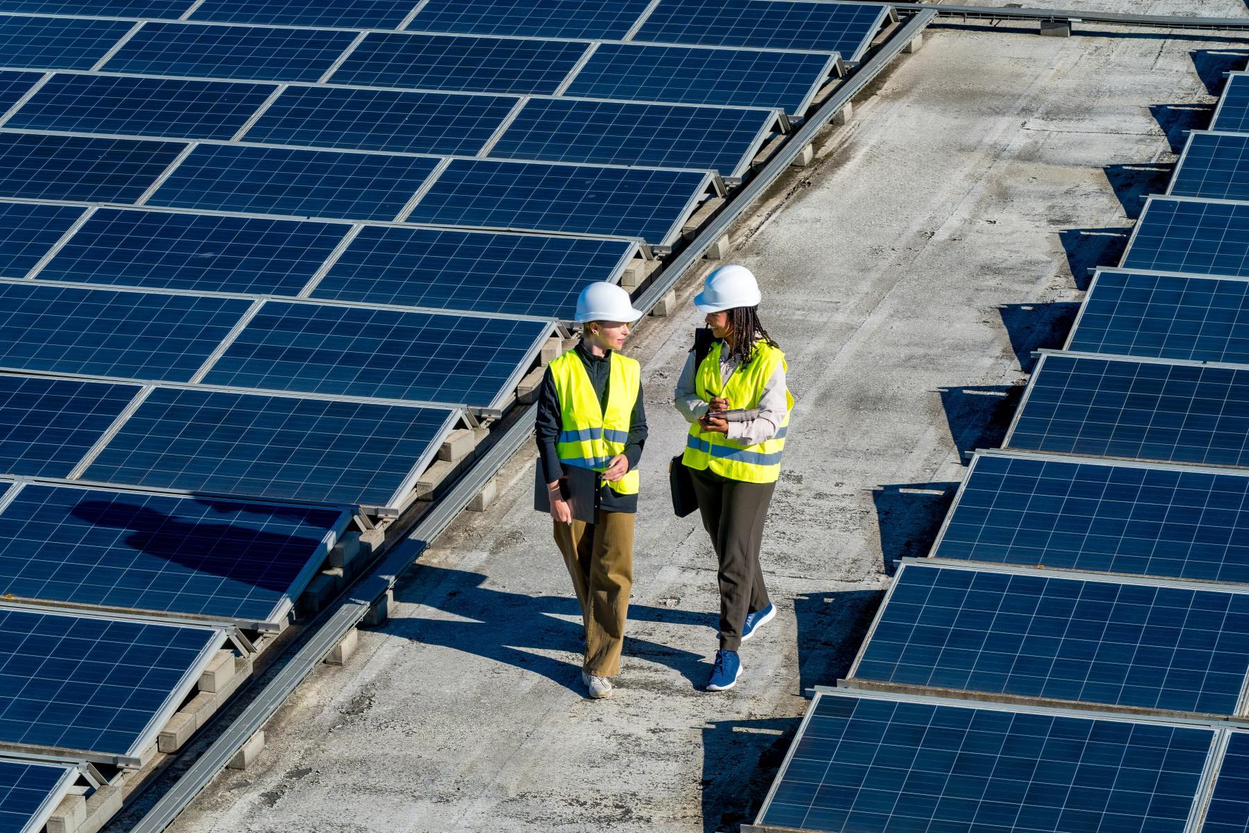 Two women in high-vis safety gear walking between two fields of solar panels.