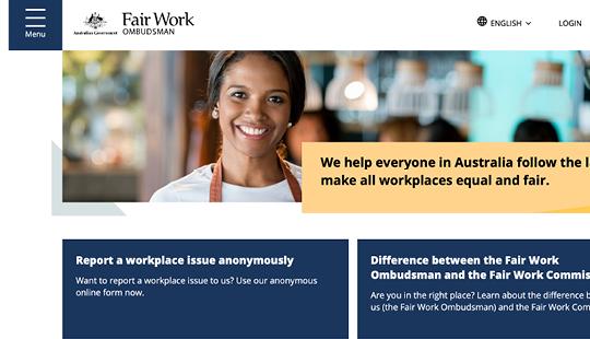 The homepage of the Fair WOrk Ombudsman website